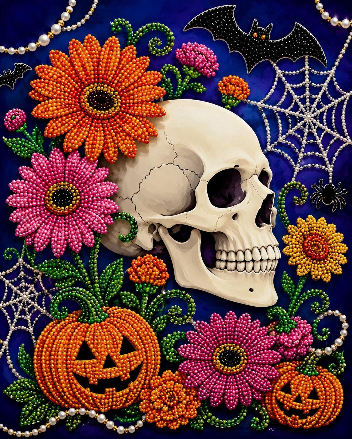 A Halloween-themed collage featuring a skull surrounded by colorful flowers, pumpkins, and a bat against a dark blue background.