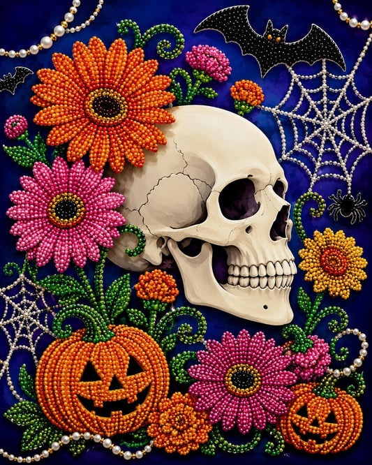 A Halloween-themed collage featuring a skull surrounded by colorful flowers, pumpkins, and a bat against a dark blue background.