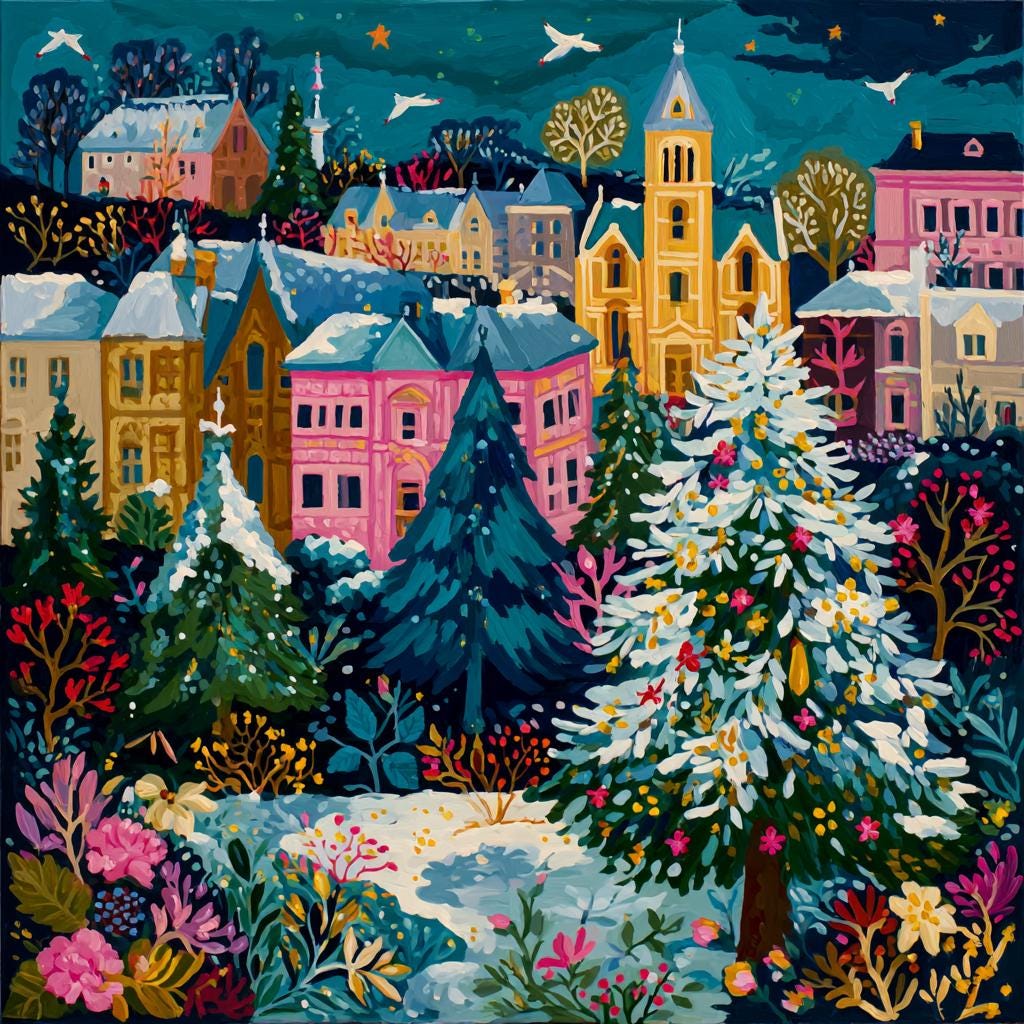 A vibrant and whimsical illustration depicting a snowy village scene with colorful buildings, trees, and flowers, all under a starry night sky.