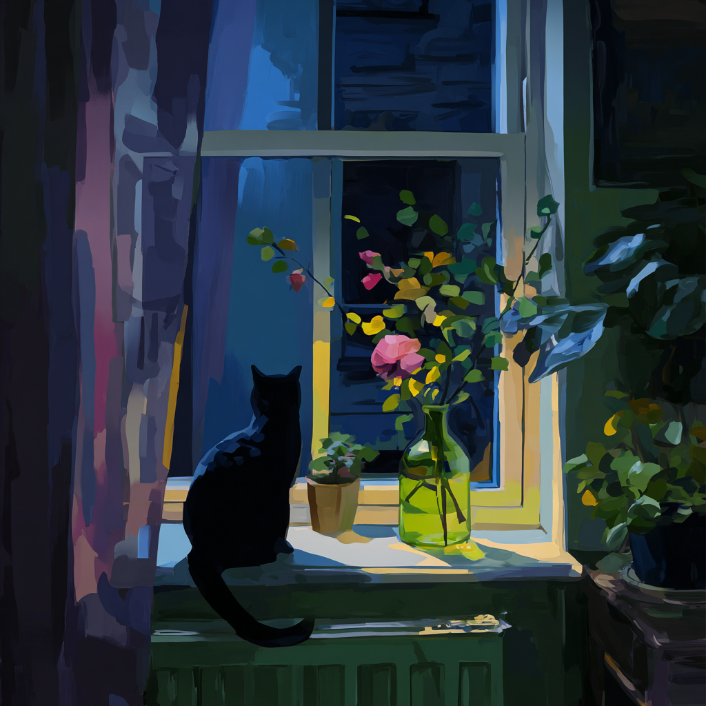 A black cat sits on a windowsill, gazing out at a vase of flowers and plants, with a blue curtain and a warm, glowing light in the background.