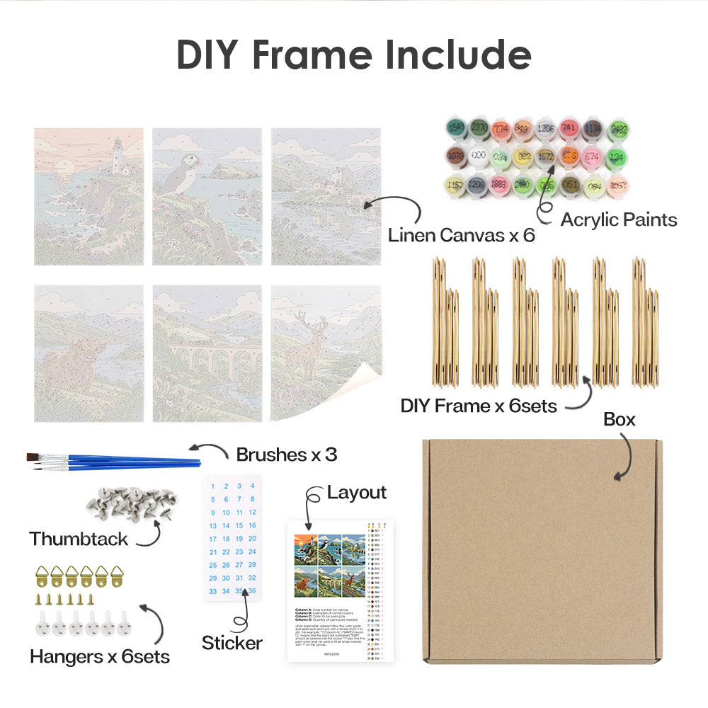 various DIY frame and art supplies, including a DIY frame kit, acrylic paints, brushes, a box, and a sticker.