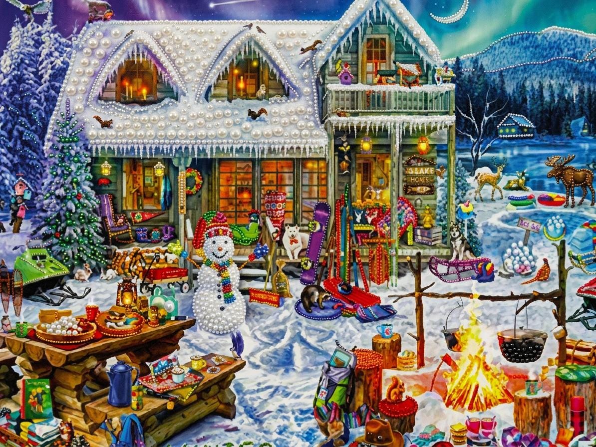 A vibrant and detailed winter scene depicting a cozy cabin surrounded by snow-covered trees and mountains, with various holiday decorations and activities taking place.