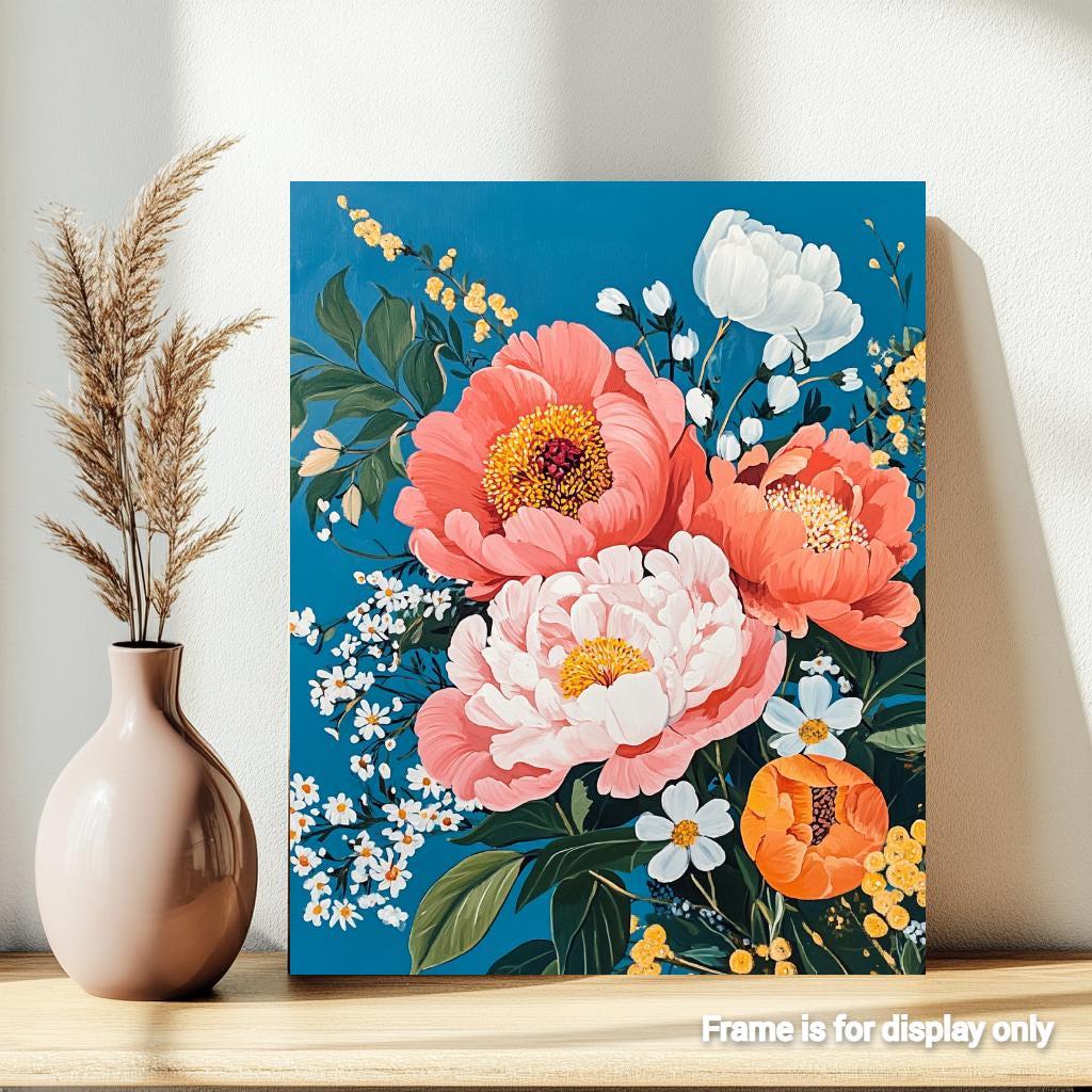 a painting of flowers on a blue background