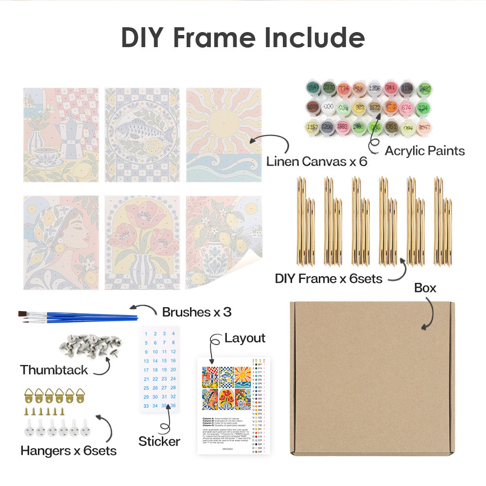 various DIY frame and art supplies, including a box, brushes, a sticker, and a hanger set. The supplies are arranged in a way that allows for easy assembly and use, with each item labeled for quick identification.