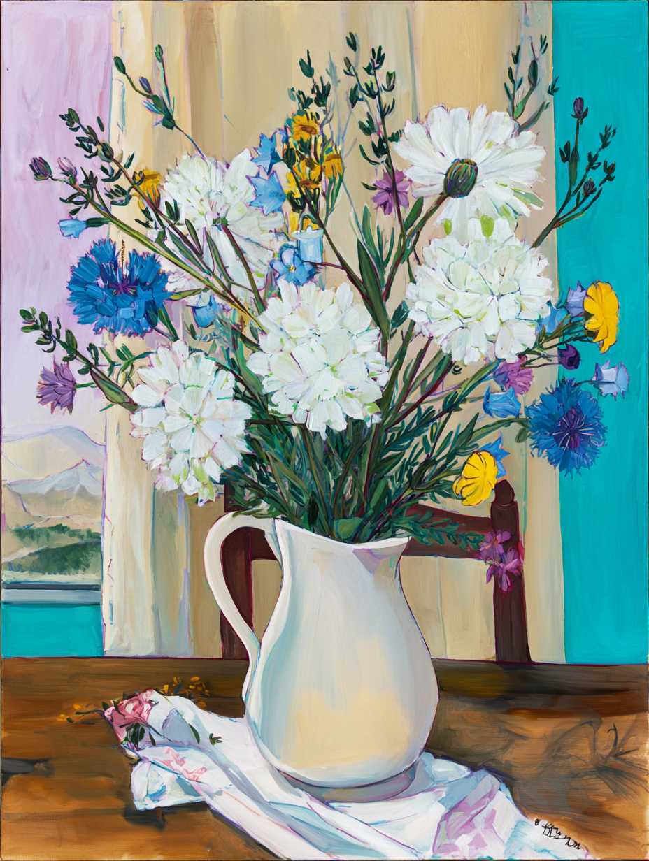 A white pitcher filled with a vibrant bouquet of white, blue, and yellow flowers sits on a wooden table, with a white cloth draped over the table.