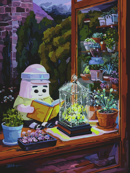 A whimsical illustration depicting a person reading a book in front of a window filled with various potted plants and flowers, creating a serene and peaceful atmosphere.