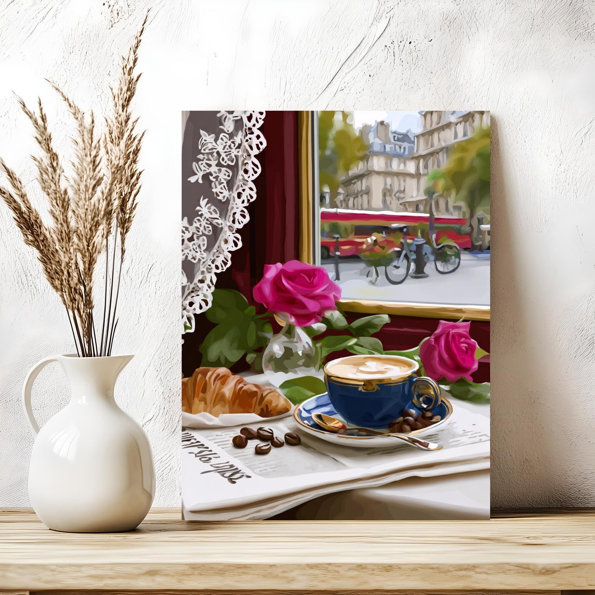a cozy scene with a cup of coffee, a croissant, and a vase of flowers on a table, with a city street visible through a window in the background.