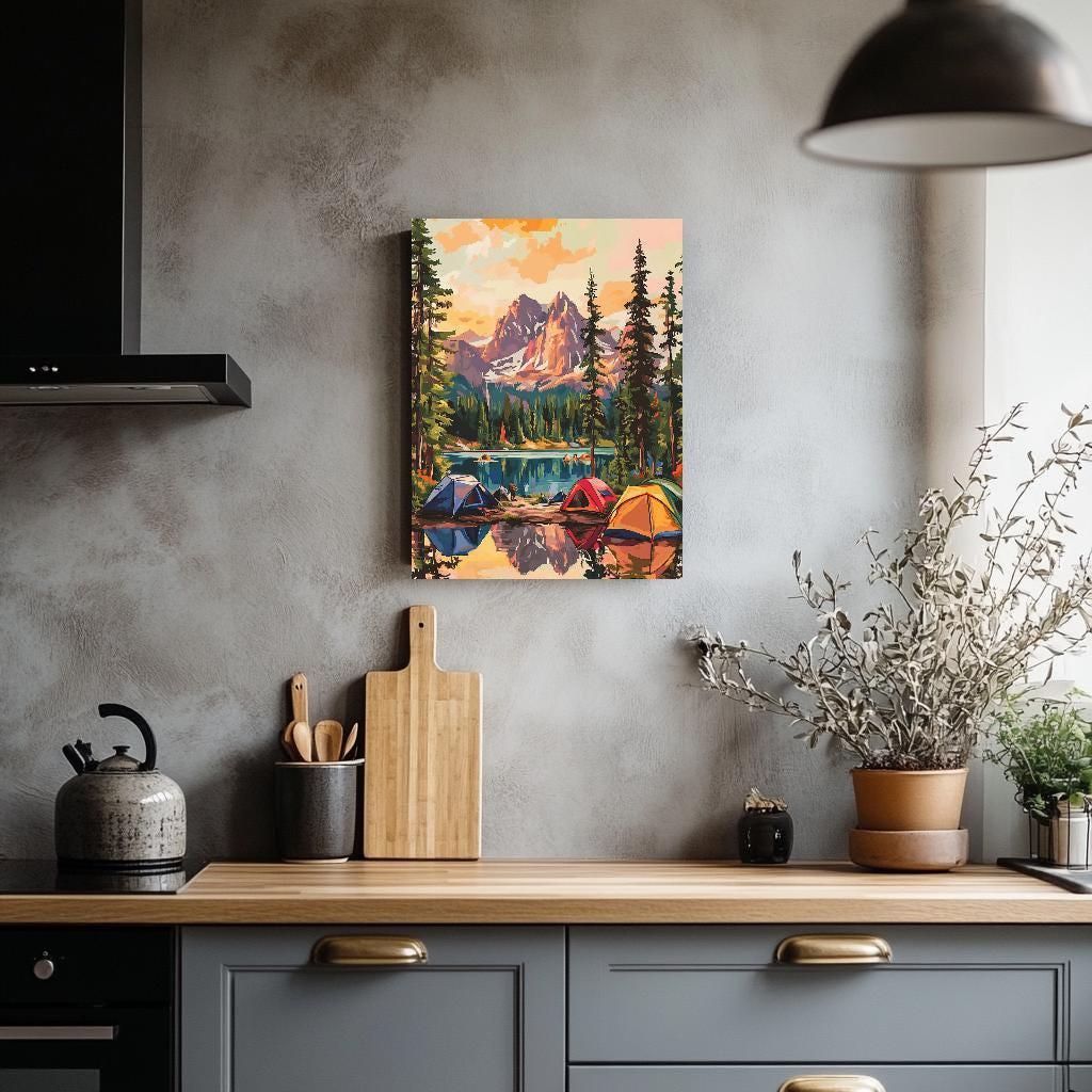 a painting on a wall above a kitchen counter