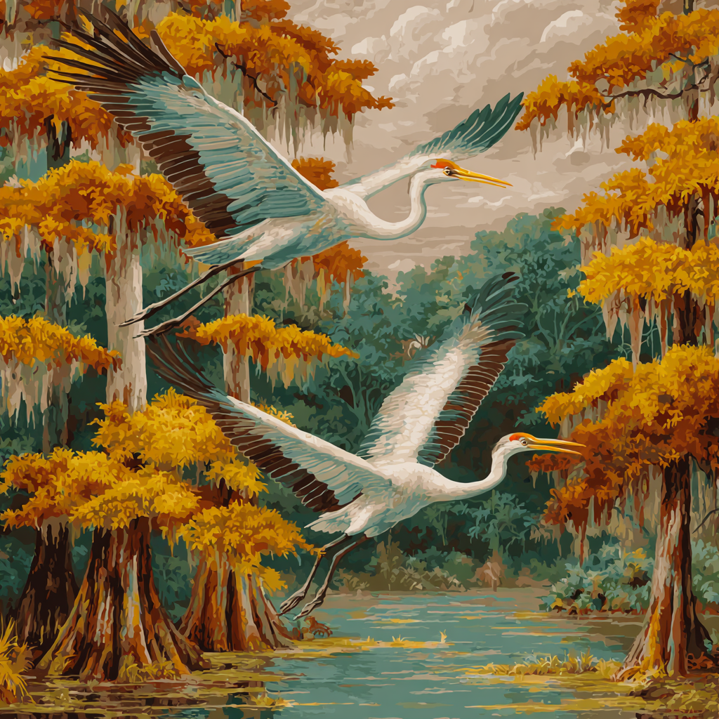two large white birds with long necks and beaks flying over a body of water surrounded by trees with orange leaves.