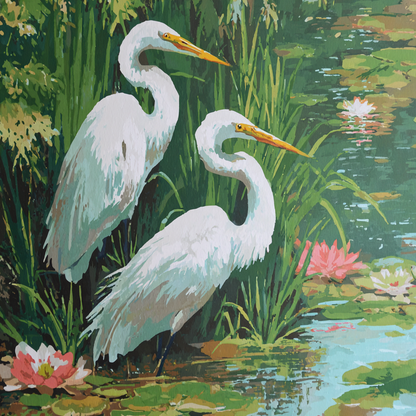 two white egrets standing in a pond, surrounded by lily pads and water lilies.