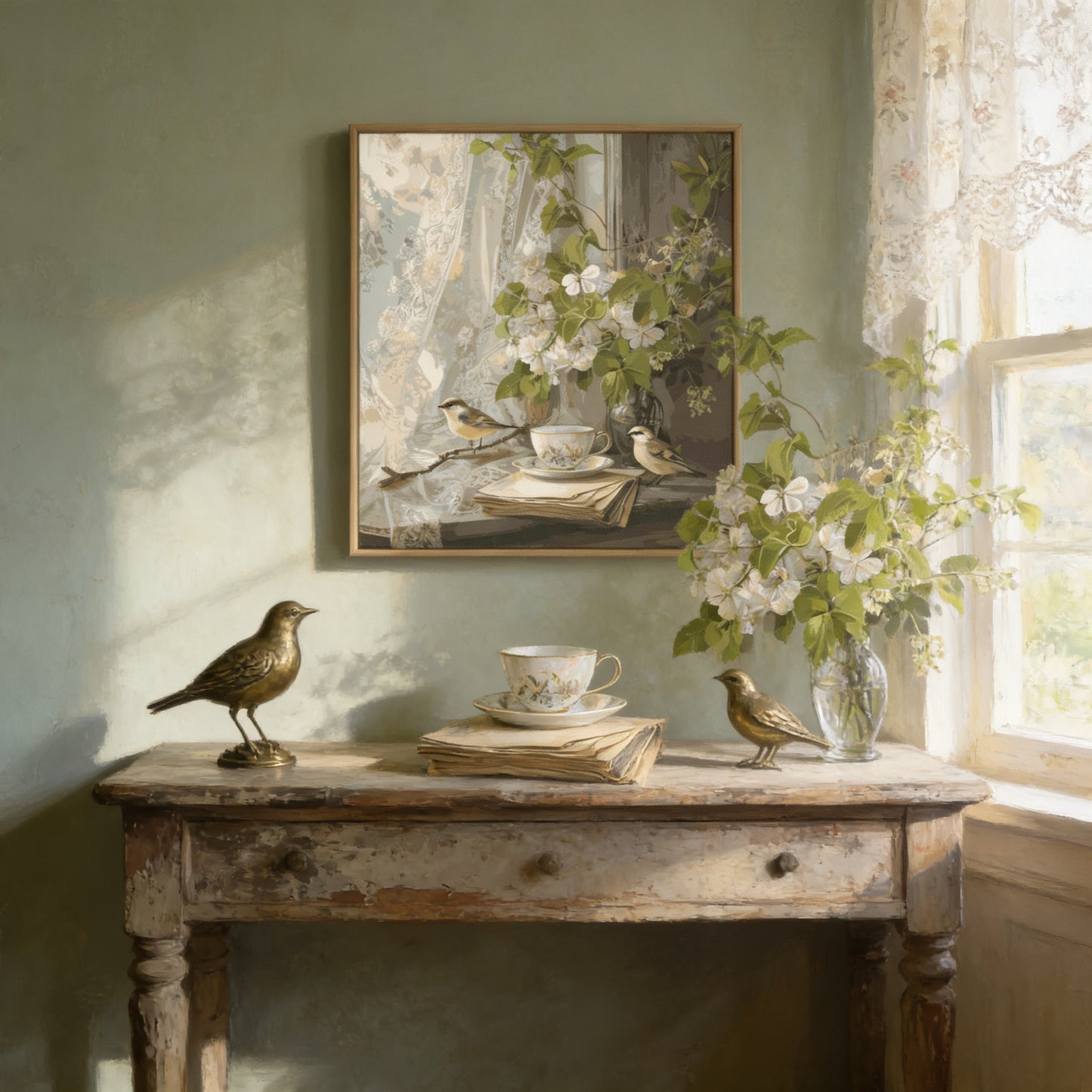 a vintage-style table with a painting of birds perched on branches, a cup, and a vase of flowers, all set against a green wall.