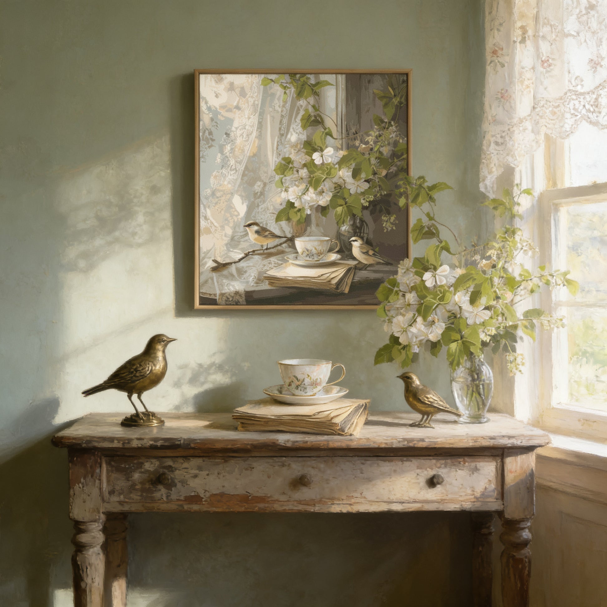 a vintage-style table with a painting of birds perched on branches, a cup, and a vase of flowers, all set against a green wall.