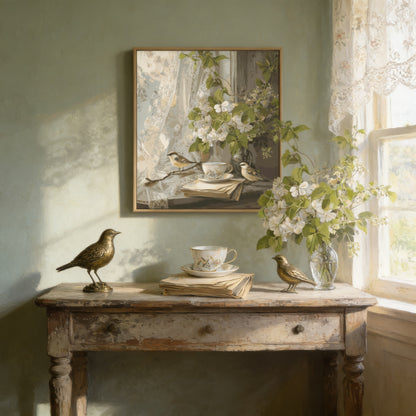 a vintage-style table with a painting of birds perched on branches, a cup, and a vase of flowers, all set against a green wall.