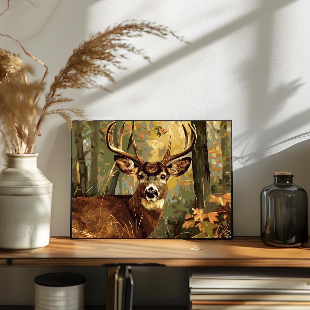 a painting of a deer in the woods