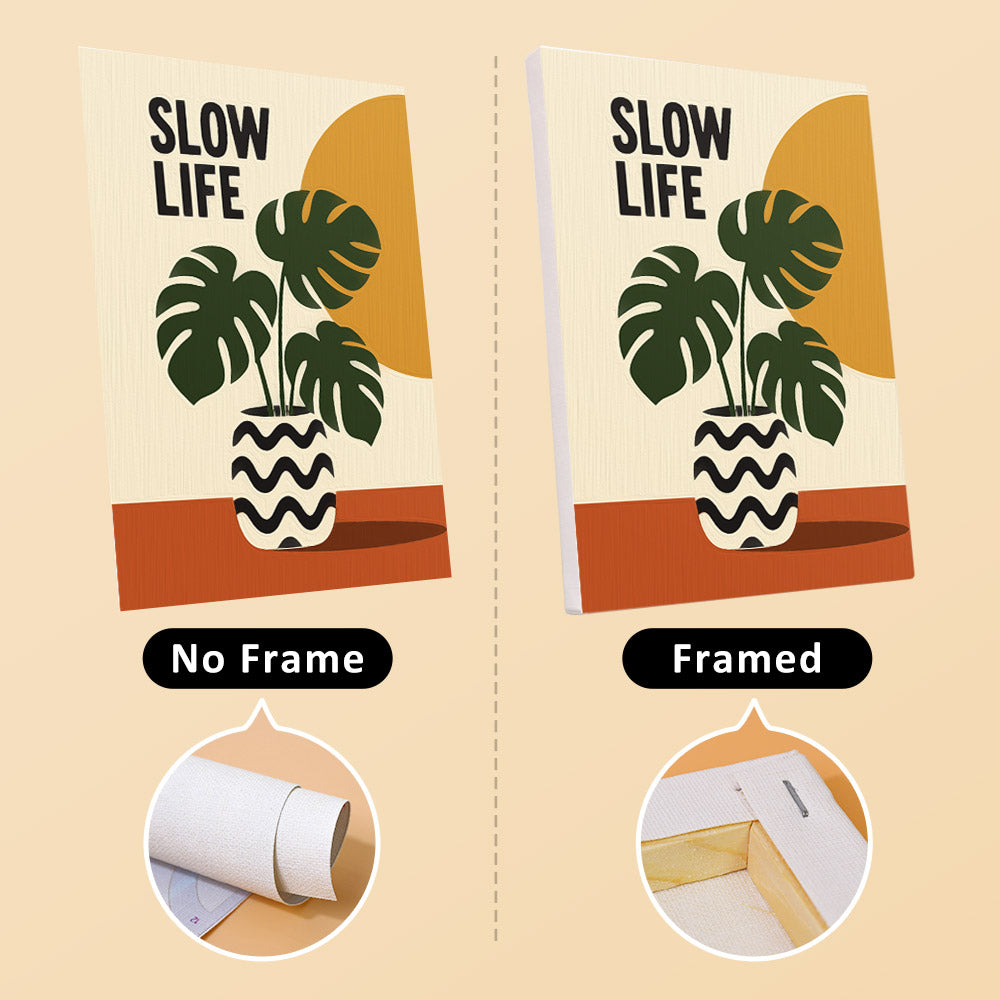 The image is a comparison between a framed and a framed version of a plant-themed poster. The framed poster has a frame around it, while the no-frame poster does not have a frame.