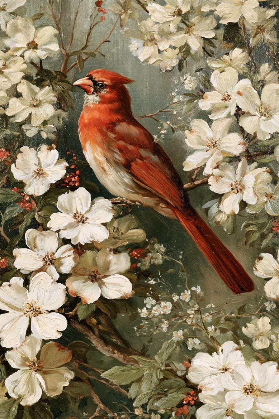 A vibrant red cardinal bird perches on a branch amidst a lush display of white flowers and greenery.