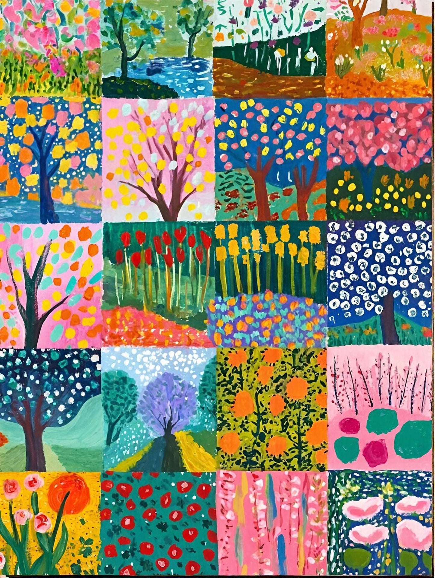 The image is a vibrant collage of various colorful and abstract paintings, showcasing a diverse range of artistic styles and techniques.