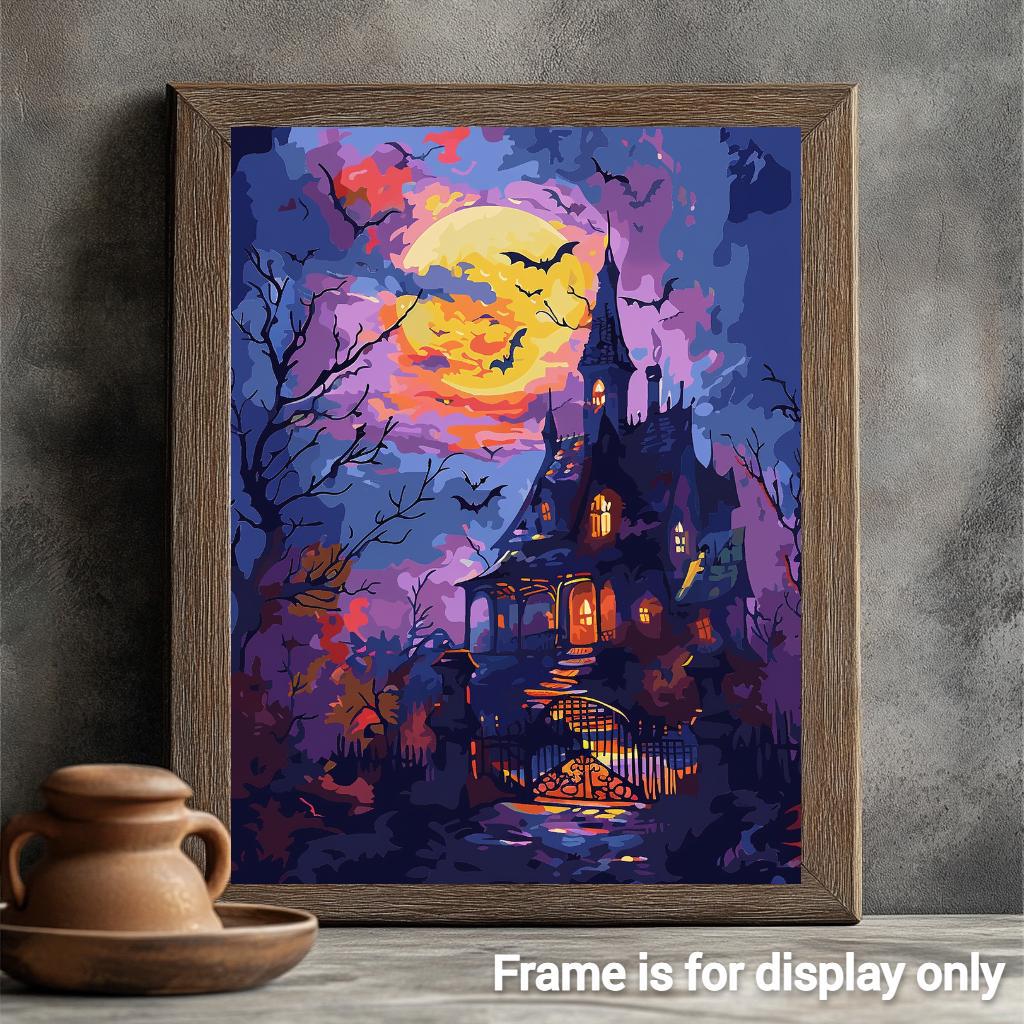 a painting of a castle with a full moon in the background