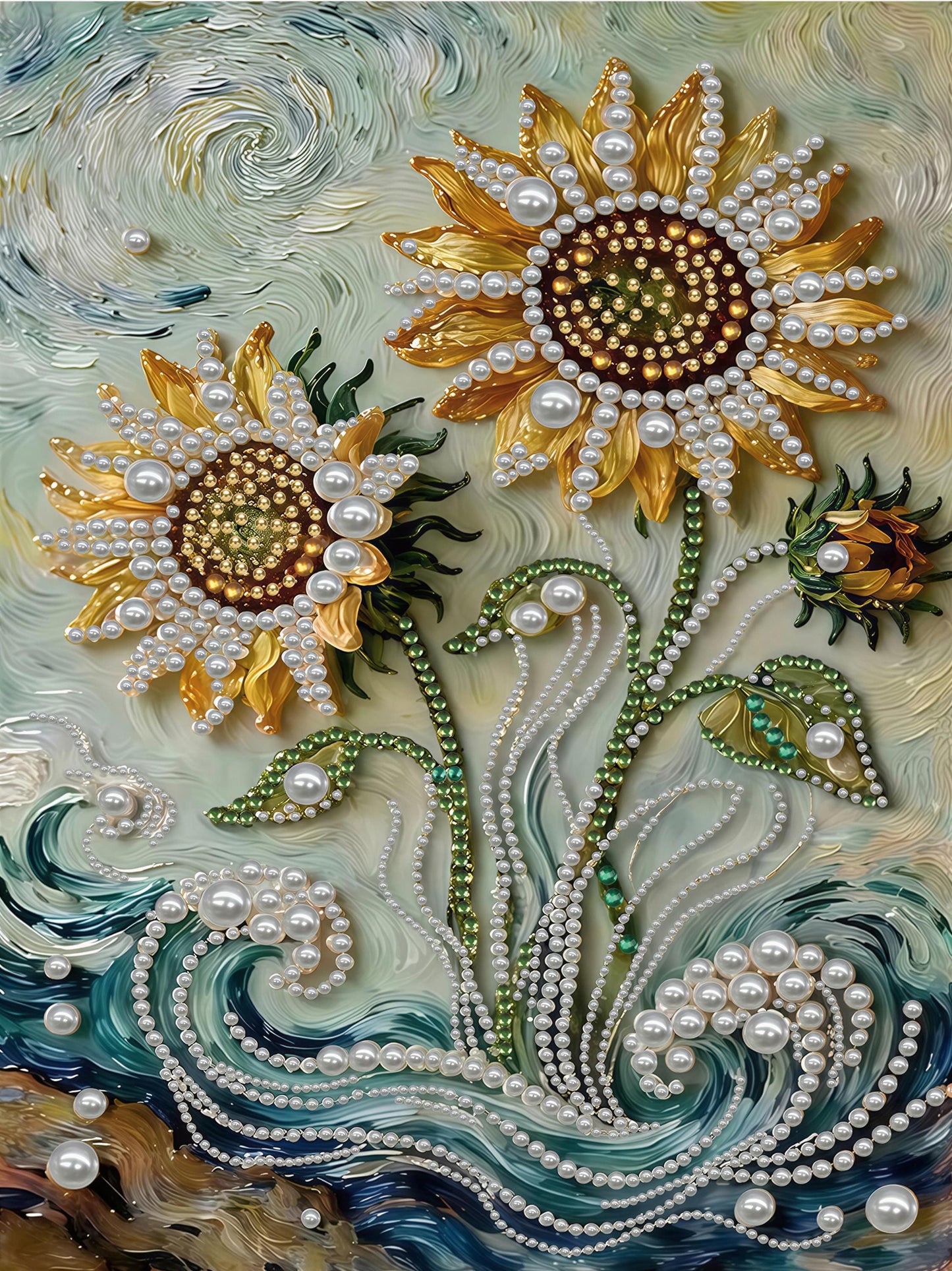 The image is a vibrant and intricate collage featuring two large sunflowers adorned with numerous pearls and beads, creating a striking and visually appealing composition.