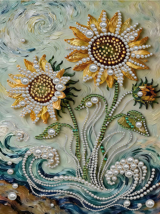 The image is a vibrant and intricate collage featuring two large sunflowers adorned with numerous pearls and beads, creating a striking and visually appealing composition.