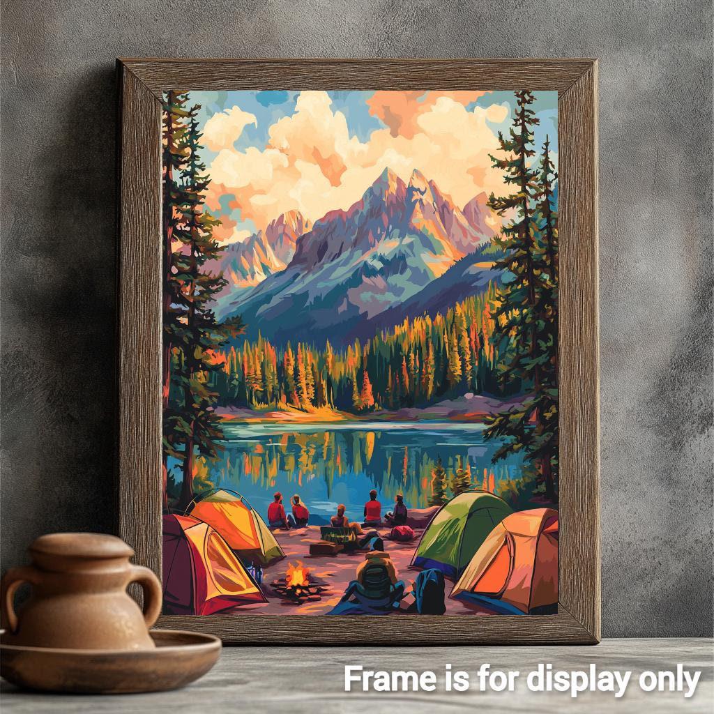 a painting of a camp site with mountains in the background