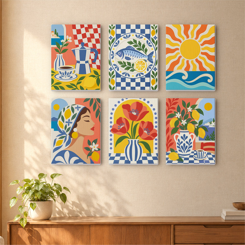 a wall adorned with six vibrant and colorful paintings, each depicting different scenes and subjects. The paintings include a woman's portrait, floral arrangements, a sun and ocean motif, and other abstract and decorative elements. The arrangement of the paintings creates a visually appealing and harmonious display on the wall.