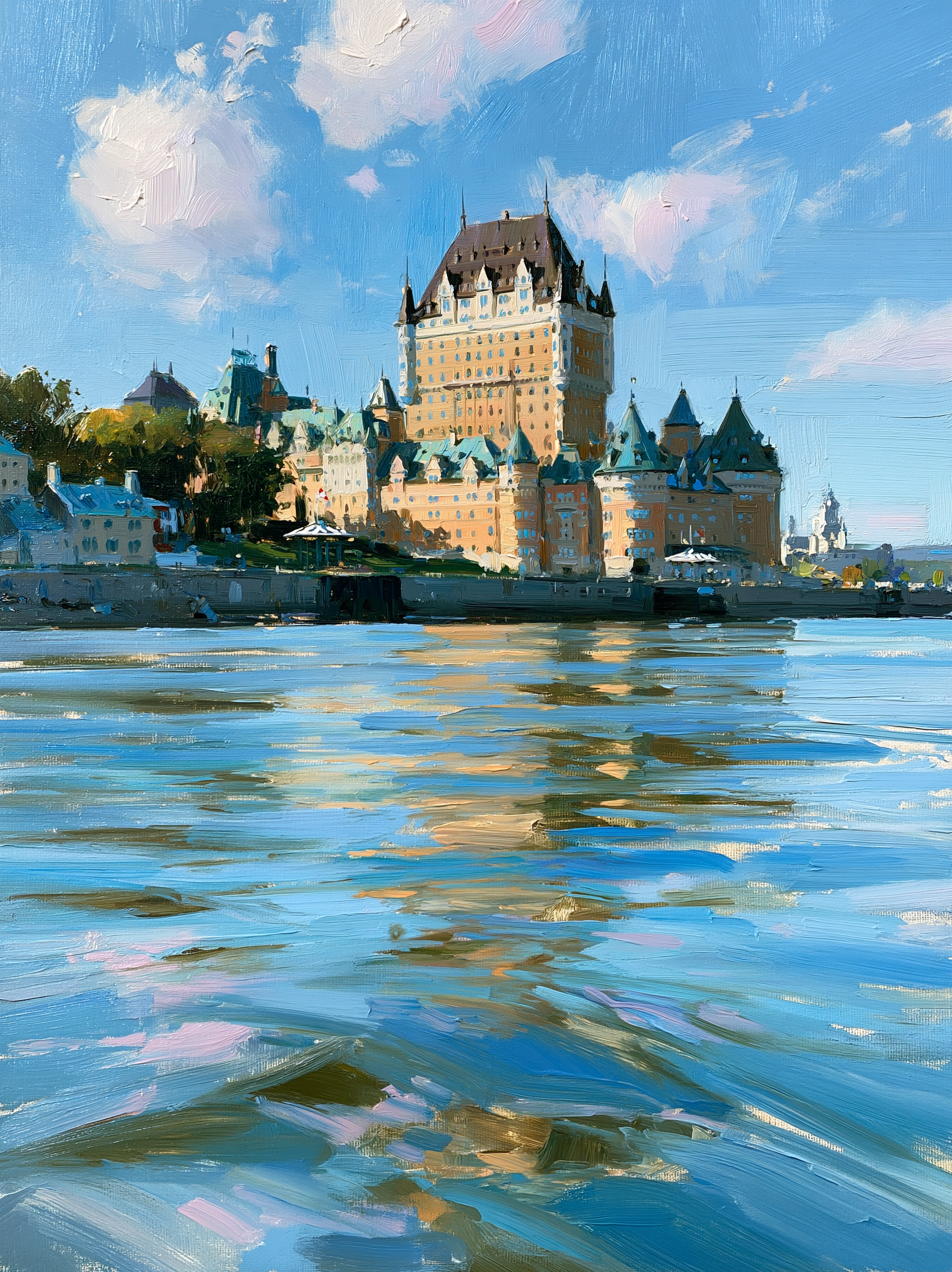 a picturesque scene of a castle situated on a riverbank, with its reflection shimmering on the water's surface. The castle is surrounded by lush greenery, and the sky above is a clear blue with fluffy white clouds. The painting captures the beauty of the castle and the serene river, creating a harmonious and tranquil atmosphere.