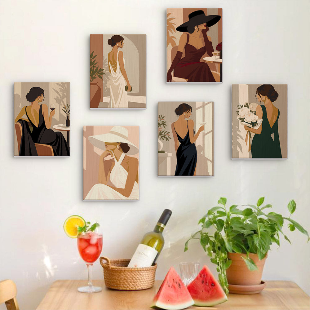 The image is a wall art display featuring six different illustrations of women in elegant dresses, each depicting a different scene. The artworks are arranged in a grid pattern on the wall, creating a visually appealing and cohesive display.