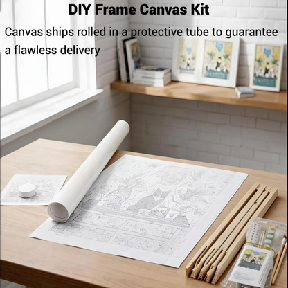 a DIY Frame Canvas Kit with a roll of paper and various art supplies, including pencils and paintbrushes, arranged on a wooden desk.