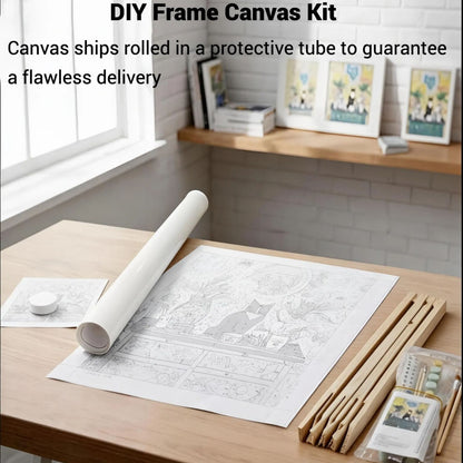 a DIY Frame Canvas Kit with a roll of paper and various art supplies, including pencils and paintbrushes, arranged on a wooden desk.