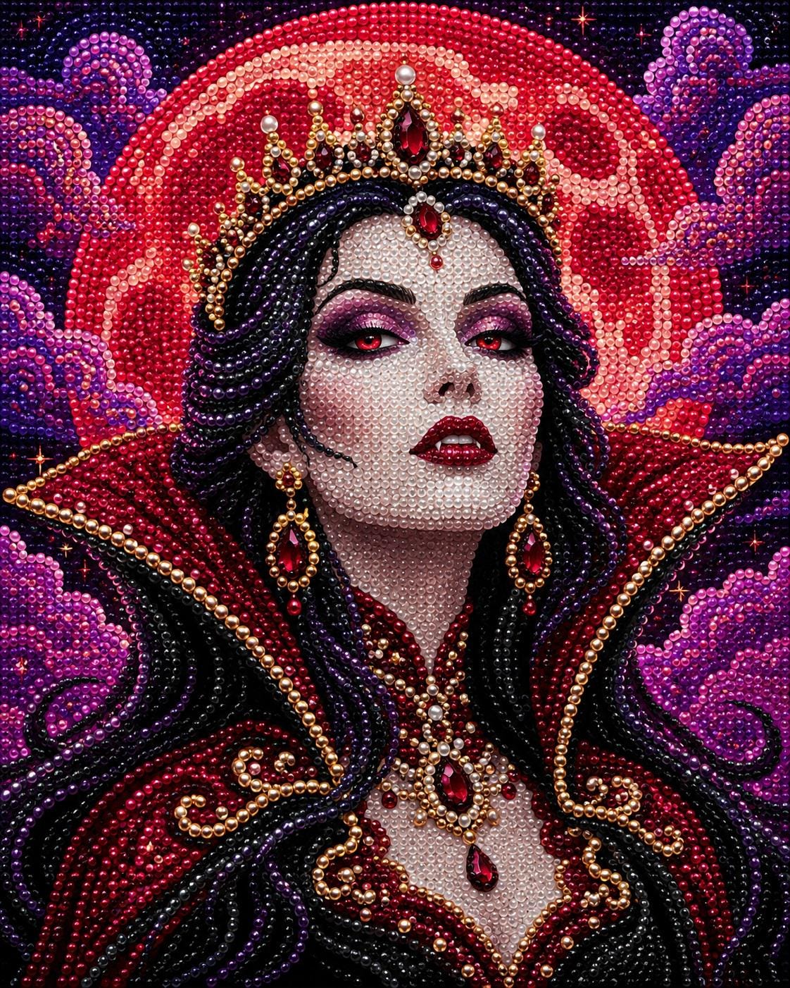 The image is a detailed and intricate portrait of a woman with dark hair and makeup, wearing an ornate, regal-looking costume with a crown and jewels. The background features a large, red moon and clouds, creating a striking and dramatic atmosphere.