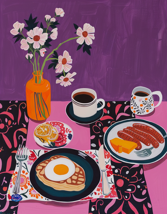 a breakfast scene with a table set with plates of food, a vase of flowers, and a cup of coffee.