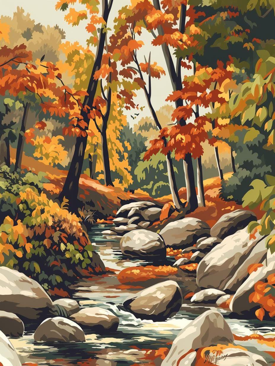 a painting of a stream running through a forest