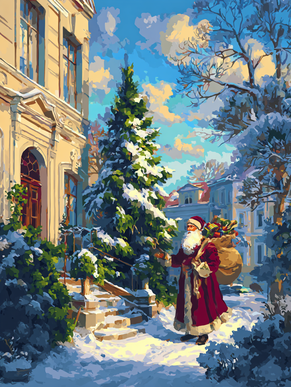 A painting depicting a man in a red coat carrying a sack of presents, walking down a snowy path in front of a snow-covered building with a Christmas tree.