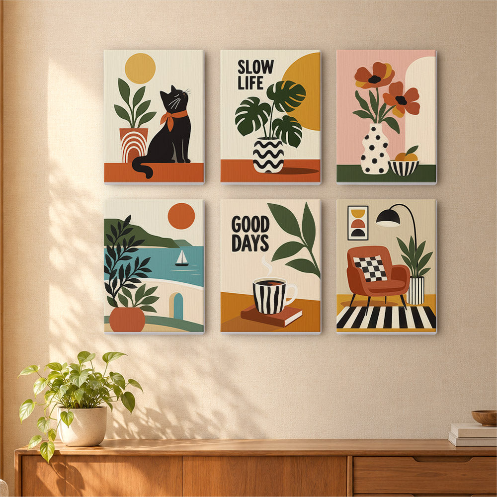The image is a wall display featuring six different artworks, each with a unique style and subject. The artworks include a cat, a plant, a vase with flowers, a book, a chair, and a plant. The artworks are arranged in a grid format, creating a visually appealing and cohesive display.
