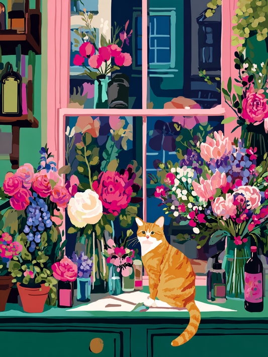 An orange tabby cat sits on a windowsill, surrounded by a vibrant display of colorful flowers and plants.
