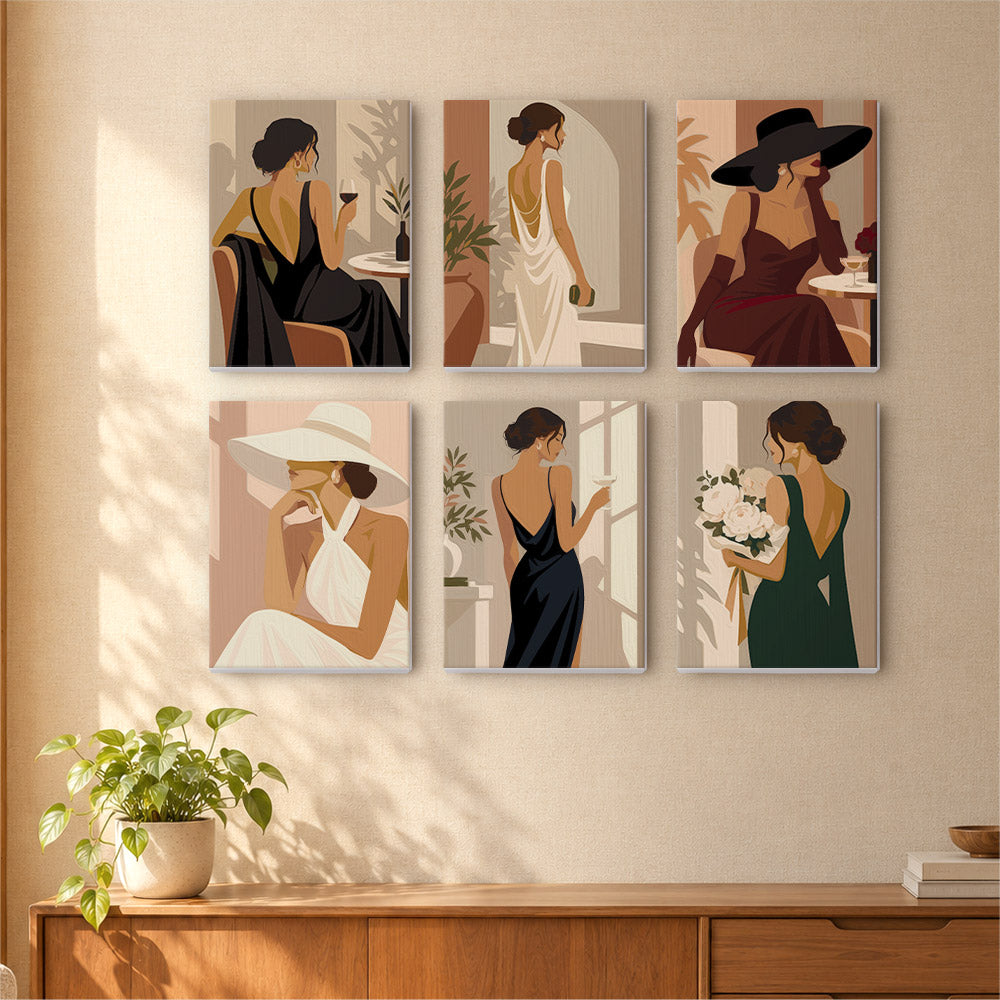 The image is a collage of six different illustrations of women in various elegant dresses, each depicting a different scene or pose.