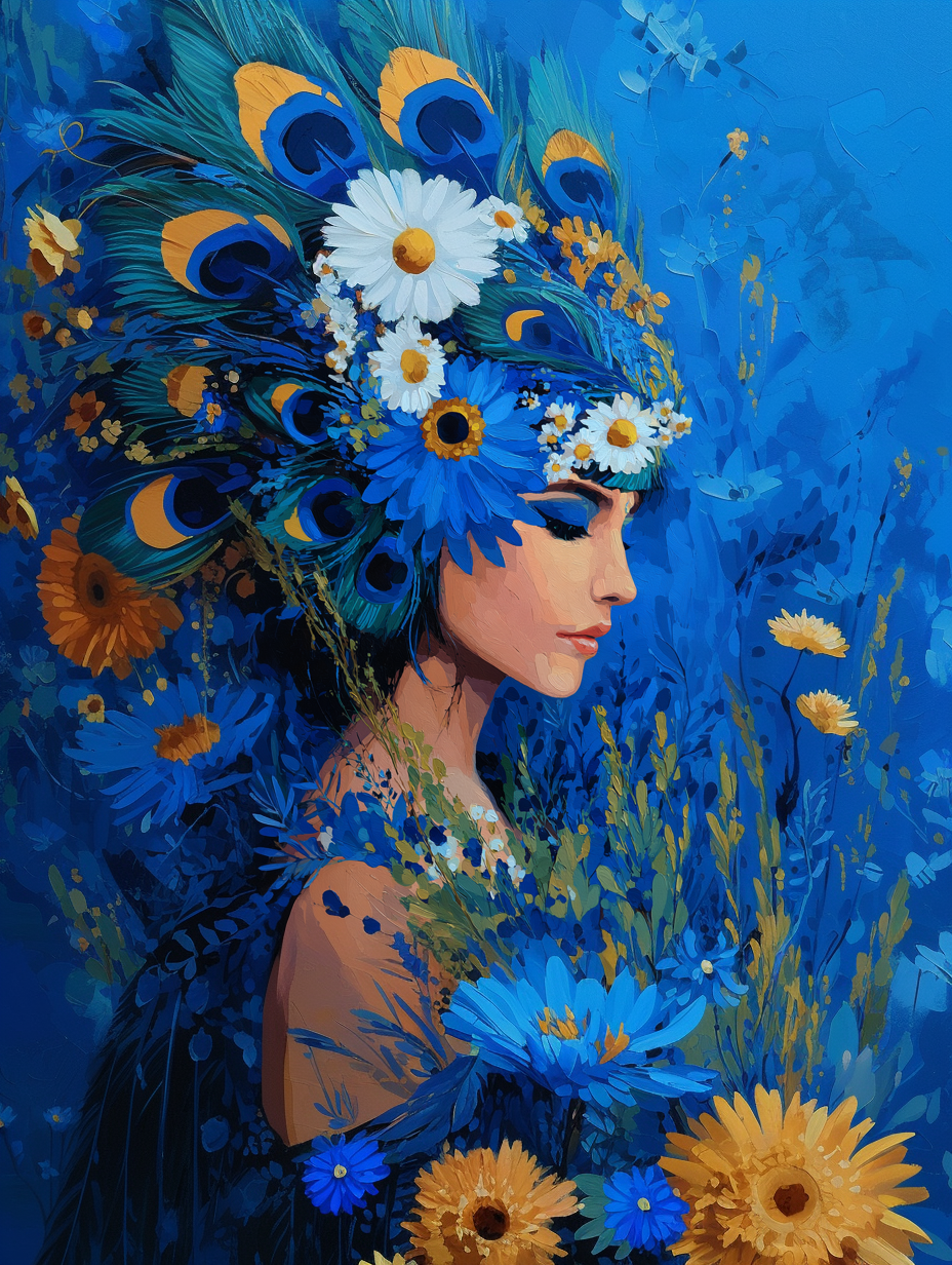 The image is a vibrant digital artwork featuring a woman's face surrounded by a multitude of colorful flowers and feathers in shades of blue, orange, and yellow.
