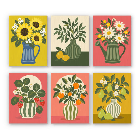 six colorful paintings or illustrations of various vases filled with flowers and fruits, such as sunflowers, lemons, pears, and strawberries.