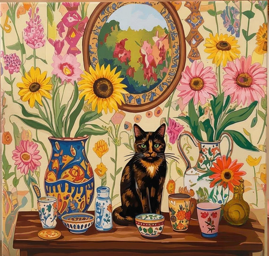 A black cat sits on a table surrounded by colorful vases, bowls, and flowers, with a large mirror and a floral patterned wall in the background.