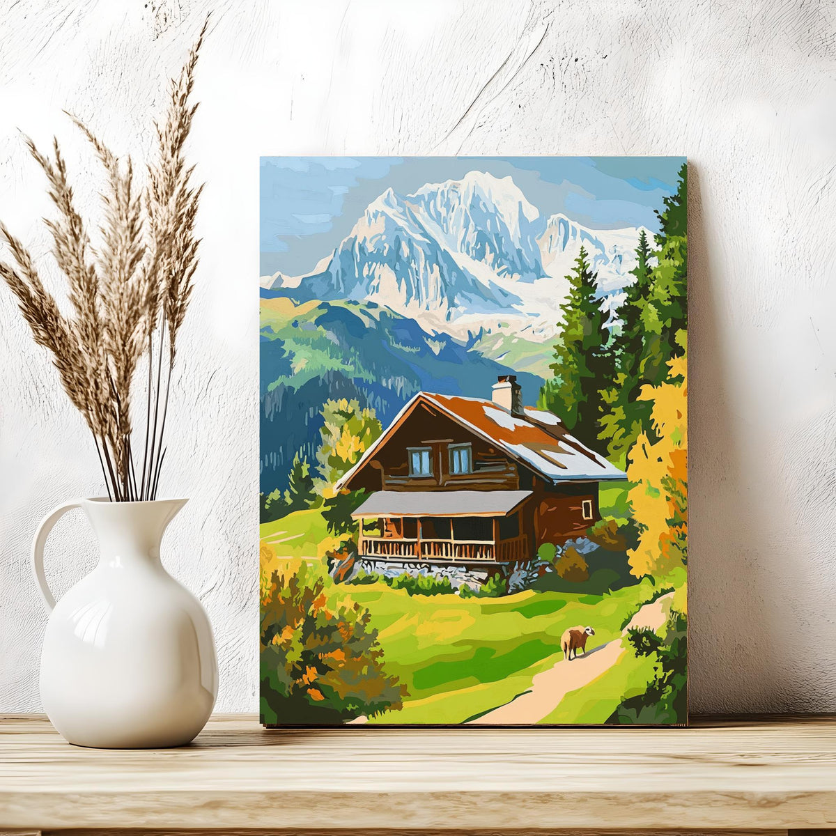 a painting of a cabin in the mountains