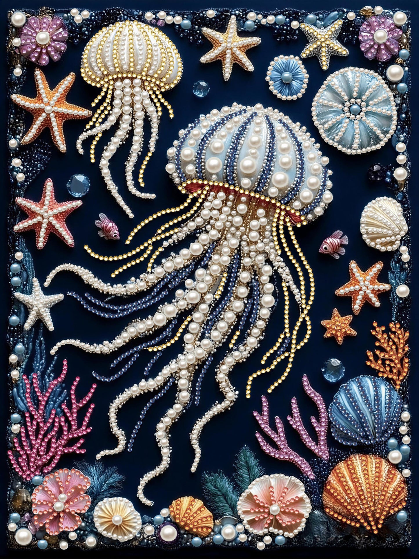 The image is a vibrant underwater scene featuring a variety of marine life, including jellyfish, starfish, seashells, and coral. The colors are predominantly blue, white, and purple, creating a serene and captivating atmosphere.