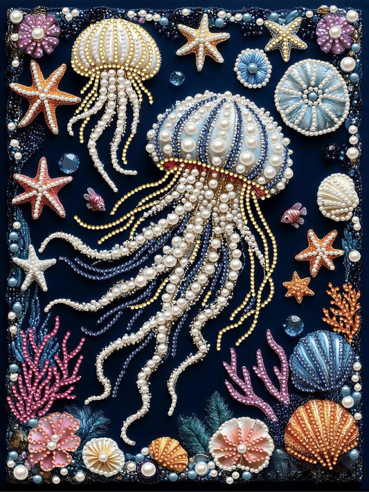 The image is a vibrant underwater scene featuring a variety of marine life, including jellyfish, starfish, seashells, and coral. The colors are predominantly blue, white, and purple, creating a serene and captivating atmosphere.
