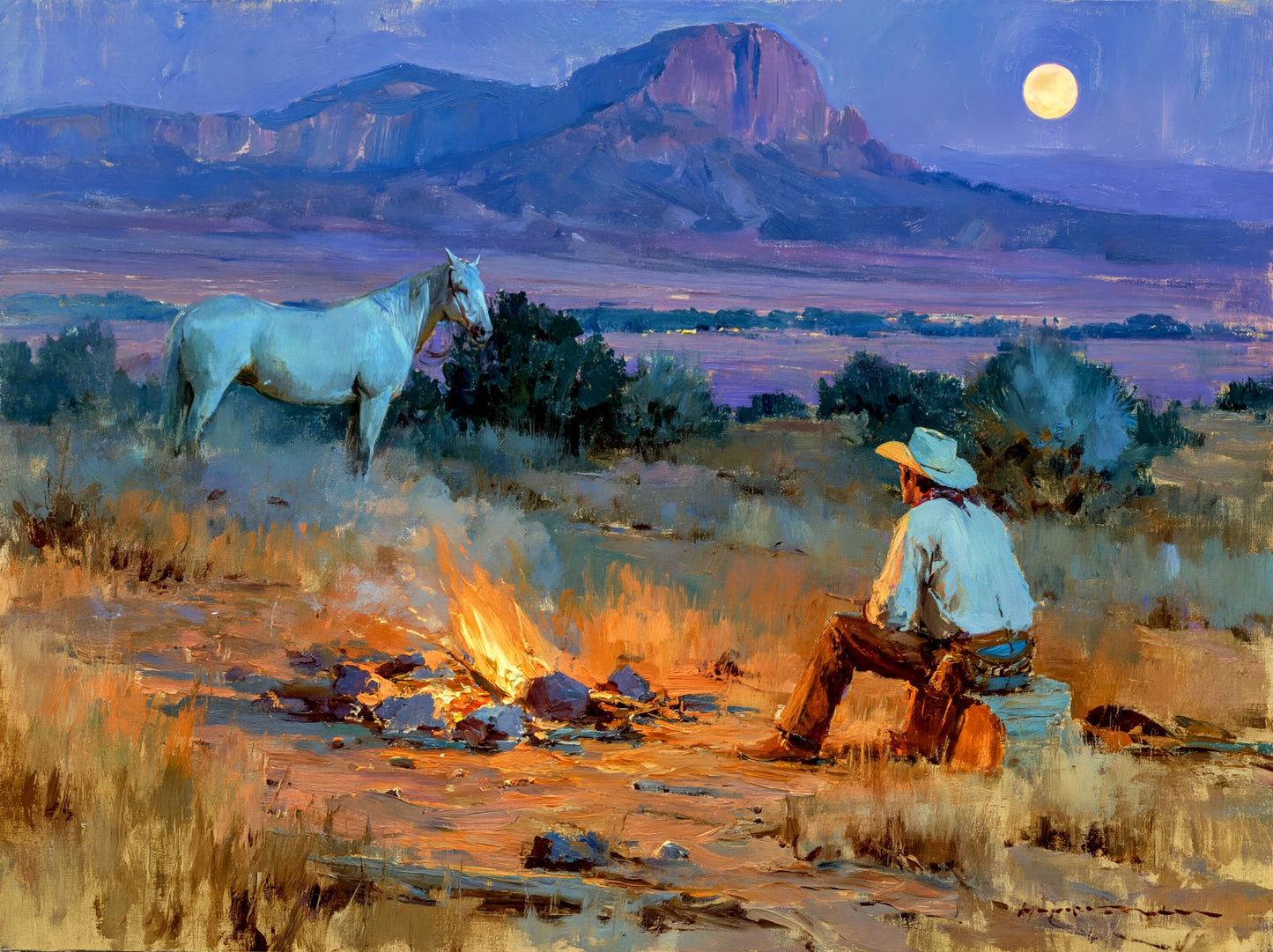 a cowboy sitting by a campfire in a desert landscape, with a white horse standing nearby.