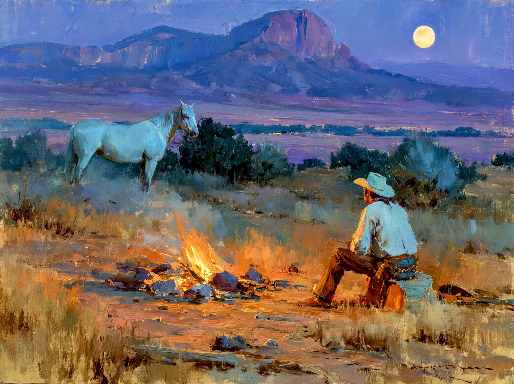 a cowboy sitting by a campfire in a desert landscape, with a white horse standing nearby.