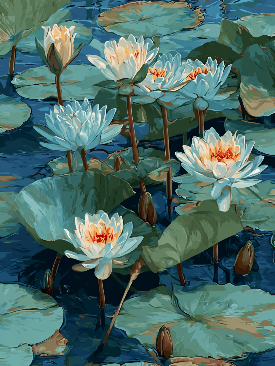 a serene pond filled with beautiful white and orange lotus flowers floating on the water's surface, surrounded by green lily pads.