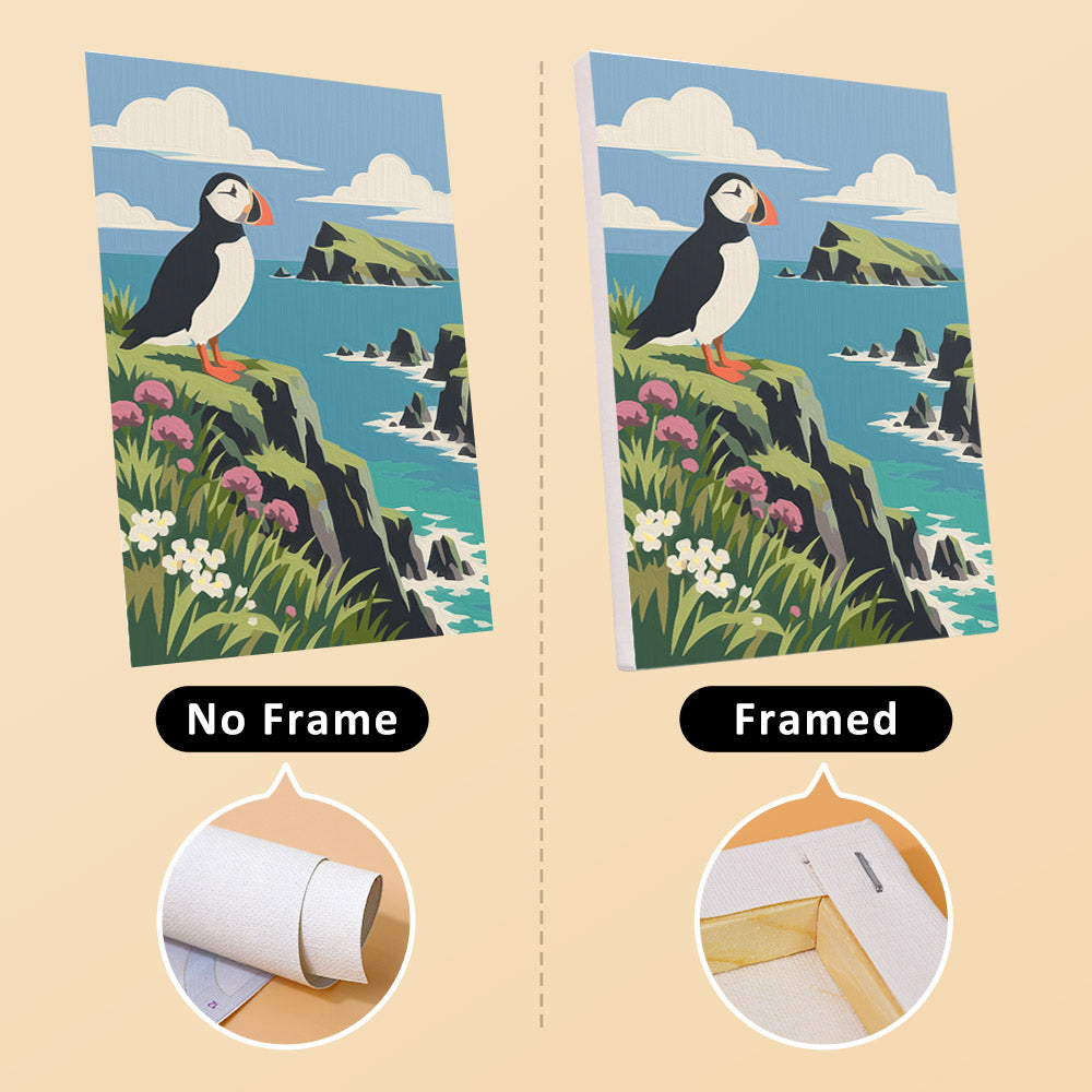 The image is a comparison between a framed and a framed version of the same illustration. The framed version is shown with a frame, while the unframed version is depicted without a frame.