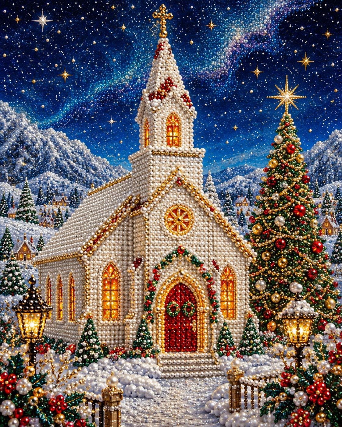 a beautifully decorated Christmas church with a large star on top, surrounded by a snowy landscape with a starry night sky. The church is adorned with Christmas decorations, including a large Christmas tree and wreaths. The scene is set against a backdrop of snow-covered mountains and a starry sky, creating a serene and festive atmosphere.