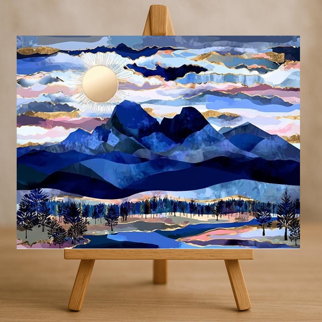 The image is a painting of a mountain landscape with a sun in the sky, surrounded by clouds and trees.