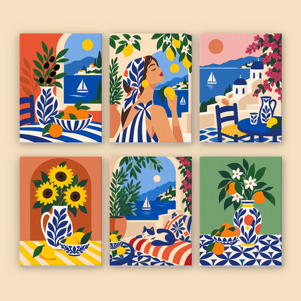 The image is a collage of six colorful and stylized illustrations, each depicting a different scene with various objects and elements. The illustrations include a woman with a headscarf, a vase of flowers, a bowl of fruit, a table with a vase of flowers, a boat on the water, and a woman sitting on a bench. The overall color palette and design of the illustrations create a vibrant and visually appealing collage.